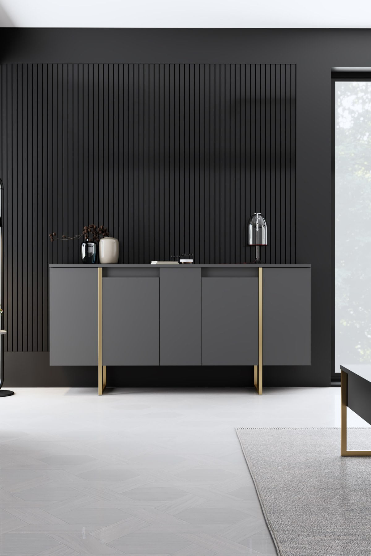 Set mobilier living, Hanah Home, pal melaminat, antracit, auriu, picioare metalice - imagine 3