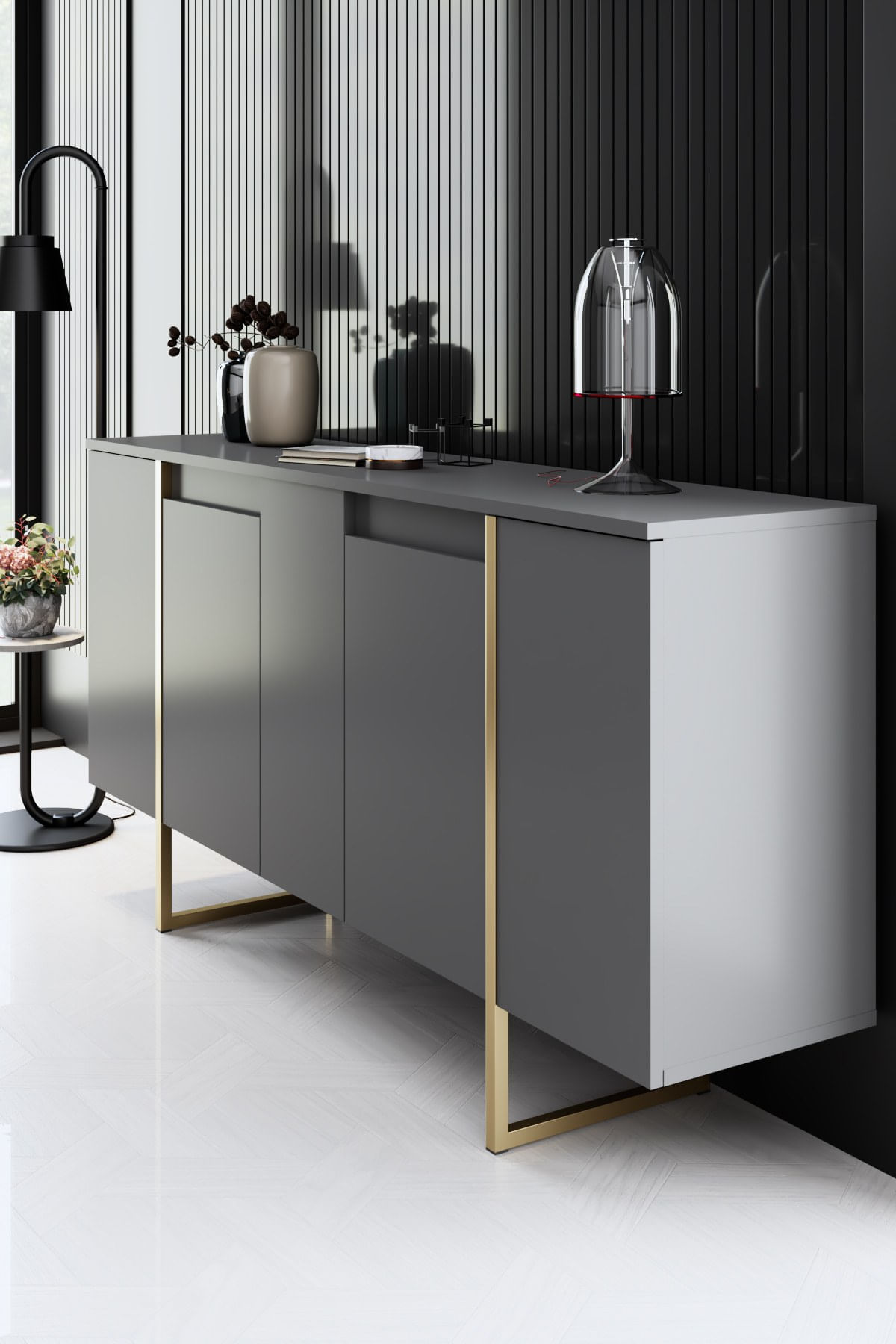 Set mobilier living, Hanah Home, pal melaminat, antracit, auriu, picioare metalice - imagine 4