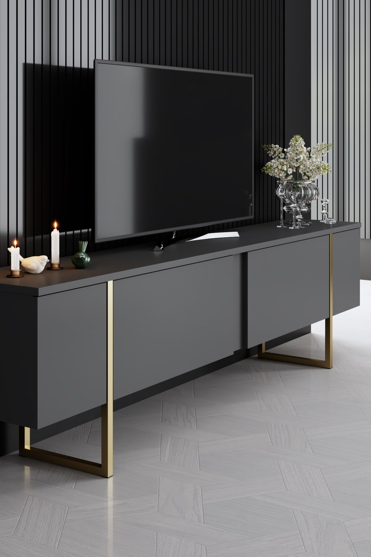 Set mobilier living, Hanah Home, pal melaminat, antracit, auriu, picioare metalice - imagine 5