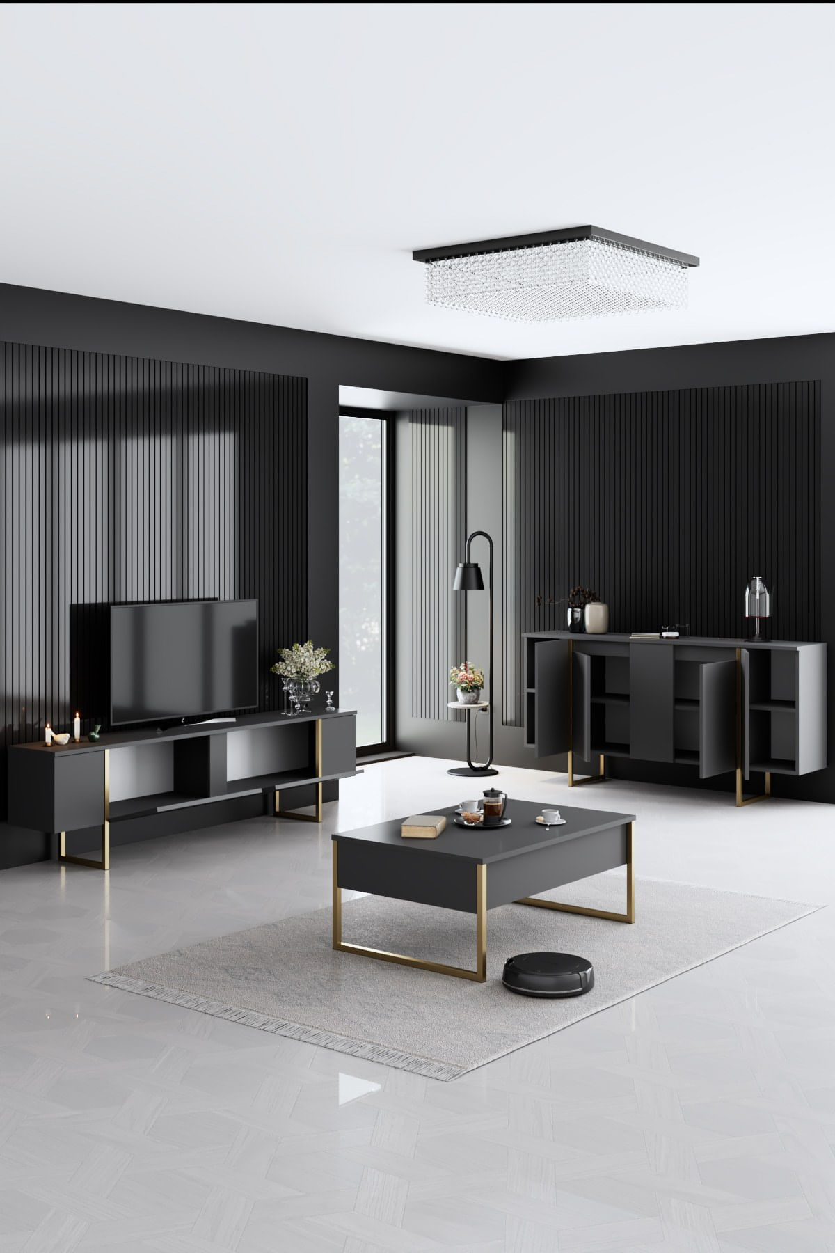 Set mobilier living, Hanah Home, pal melaminat, antracit, auriu, picioare metalice - imagine 6