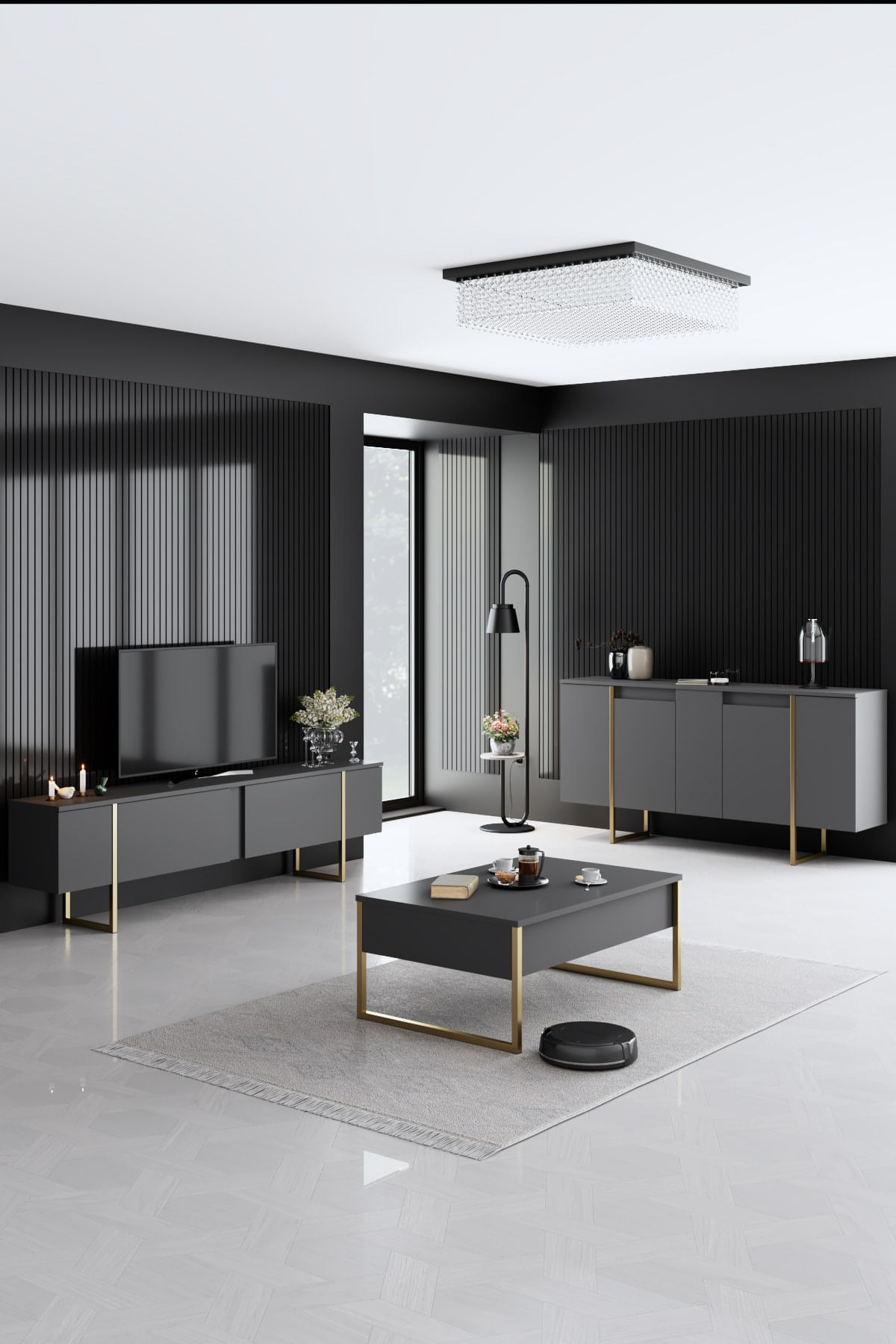 Set mobilier living, Hanah Home, pal melaminat, antracit, auriu, picioare metalice - imagine 7