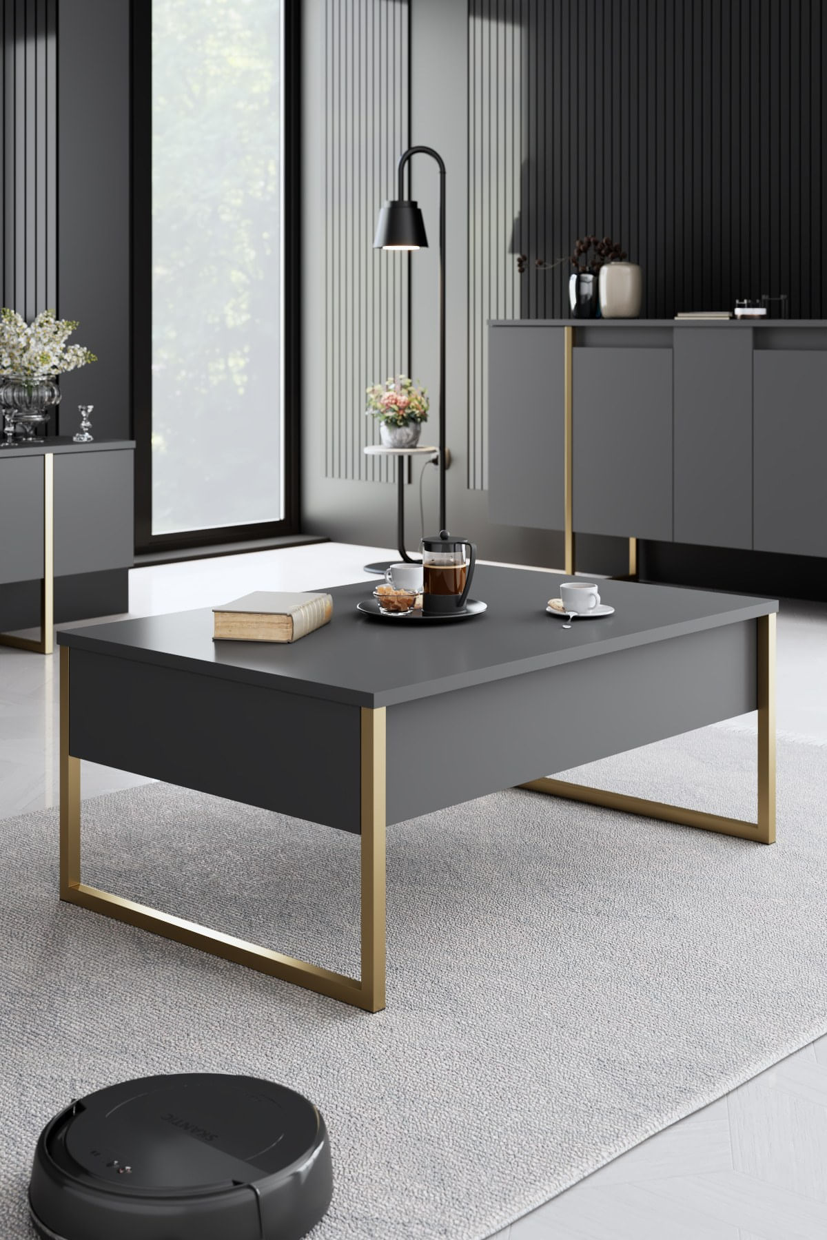 Set mobilier living, Hanah Home, pal melaminat, antracit, auriu, picioare metalice - imagine 9