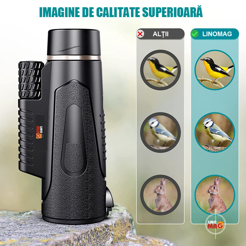 Monoclu Telescop profesional HD 12x50 Linomag®, BaK-4, dual focus, suport telefon, trepied, vedere zi/seara, waterproof
