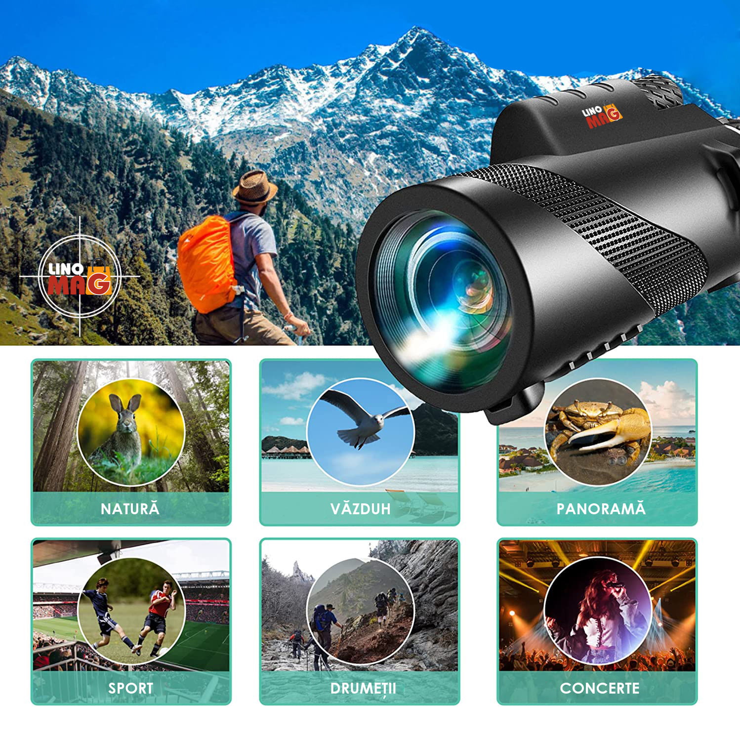 Monoclu Telescop Profesional HD 50x60 Linomag®, BaK-4, dual focus, suport telefon, trepied, zi/seara, waterproof