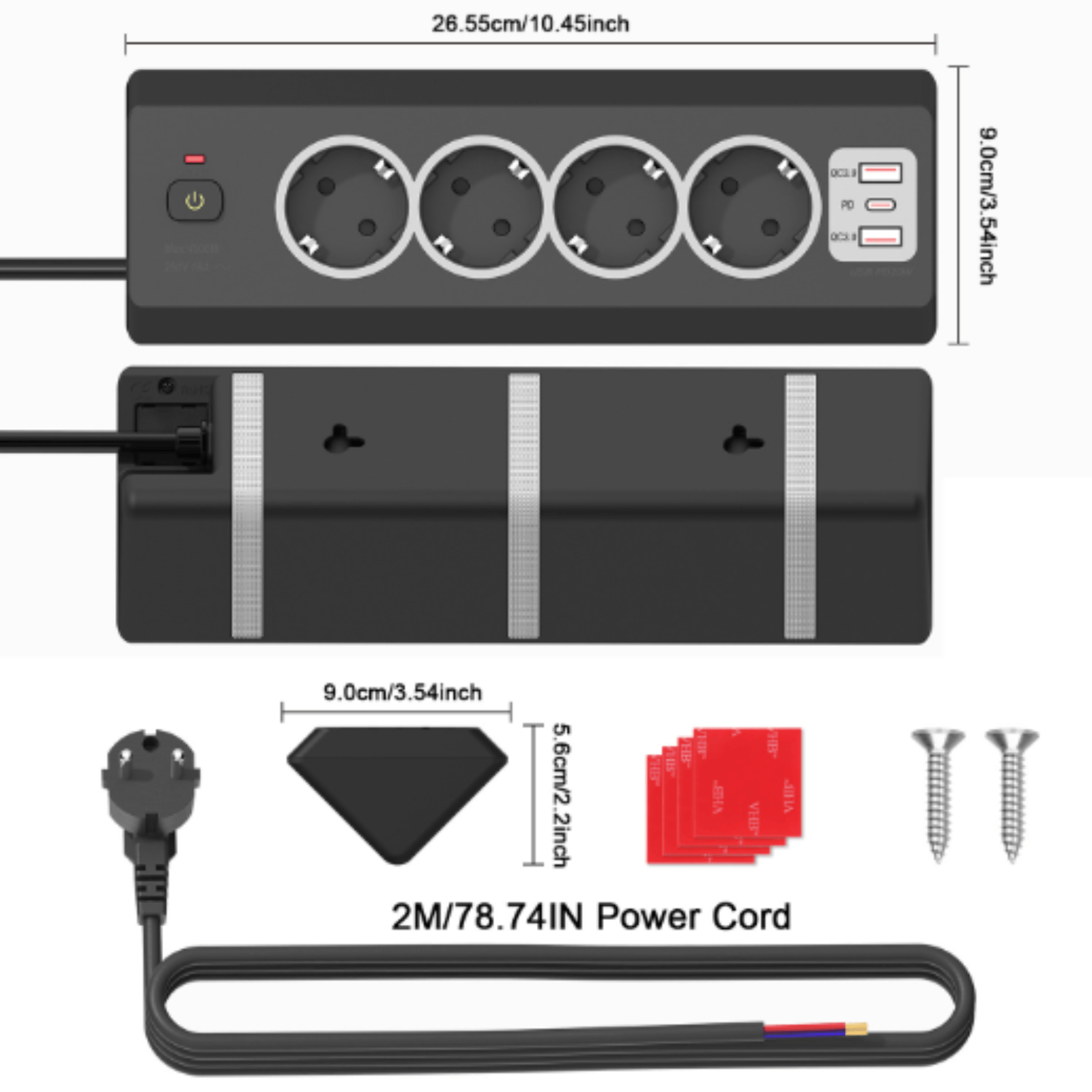 Priza de Colt, Adsinio, 4 Prize Schuko, 2 Porturi USB-A, 1 Port USB-C, 220-240V, 16A, Negru