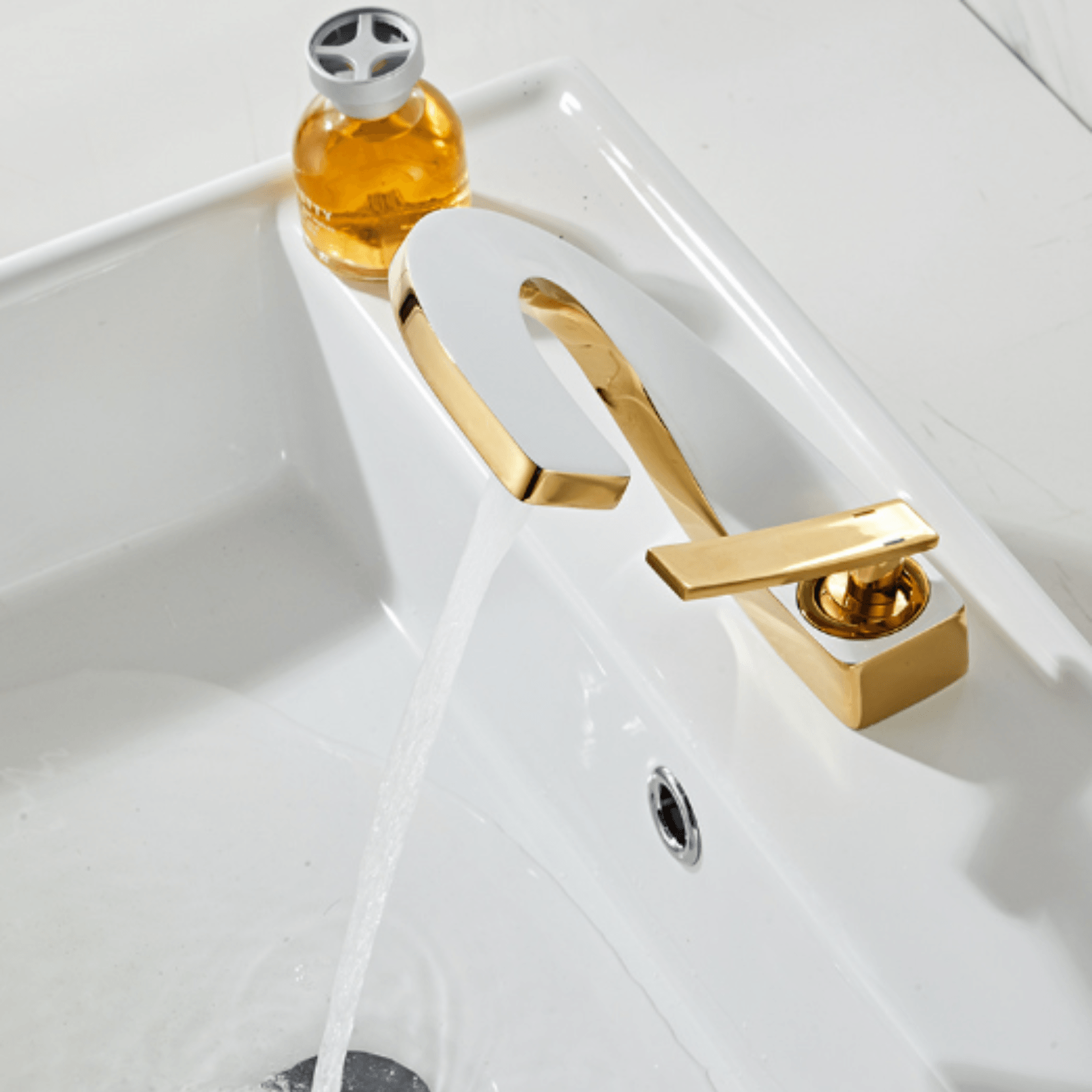 Robinet Pentru Lavoar, Adsinio, Corp de Cupru, Cartus Ceramic, Forma Curbata, Monocomanda, Alb-Auriu — imaginea 4