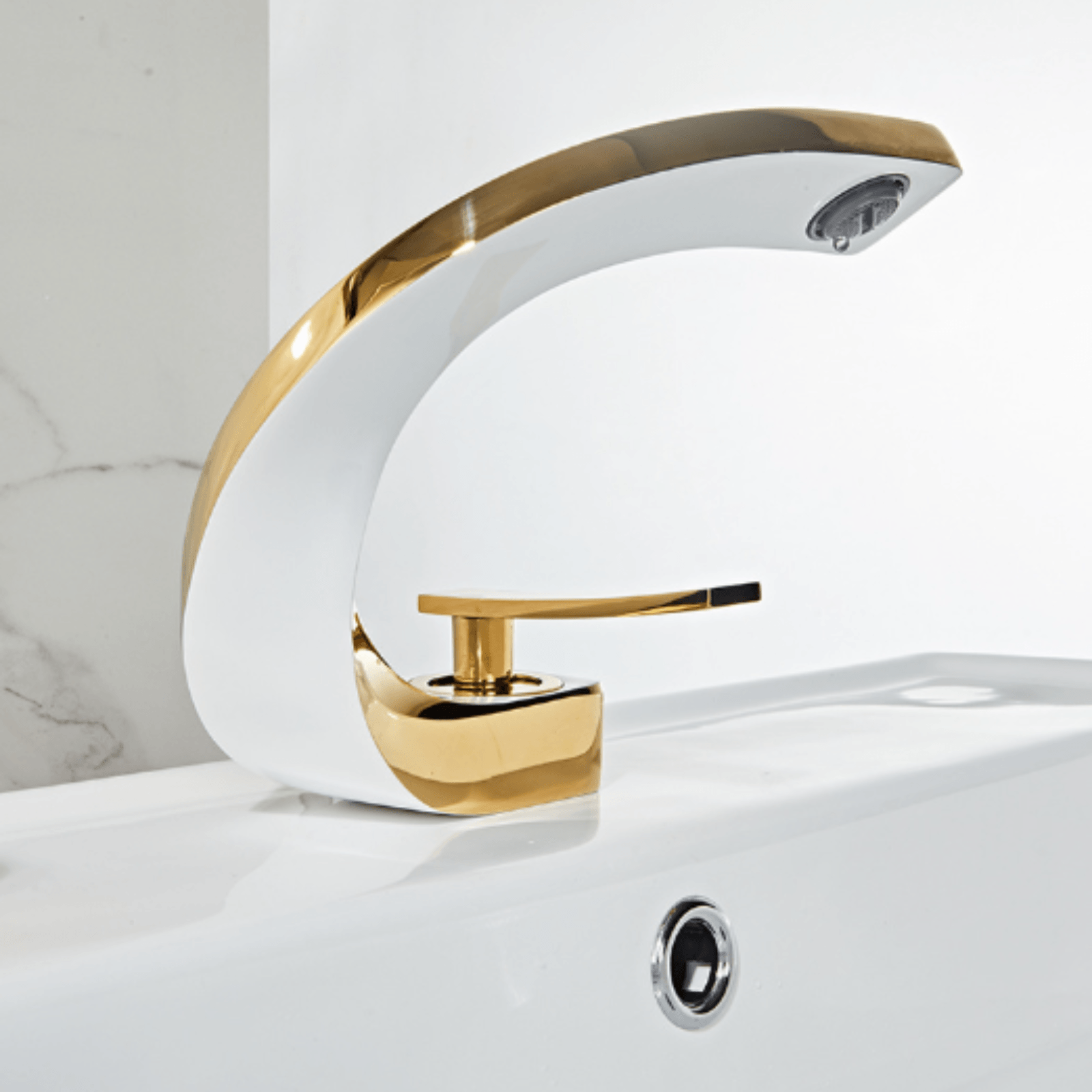 Robinet Pentru Lavoar, Adsinio, Corp de Cupru, Cartus Ceramic, Forma Curbata, Monocomanda, Alb-Auriu — imaginea 5