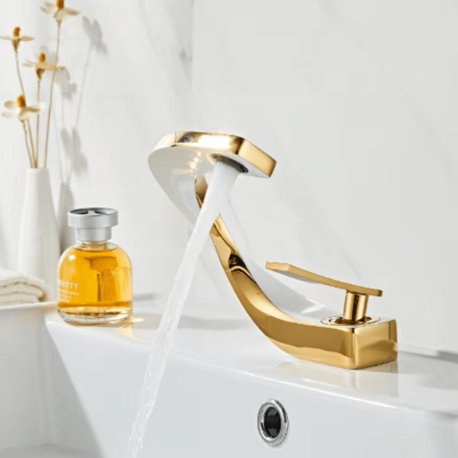 Robinet Pentru Lavoar, Adsinio, Corp de Cupru, Cartus Ceramic, Forma Curbata, Monocomanda, Alb-Auriu — imaginea 6
