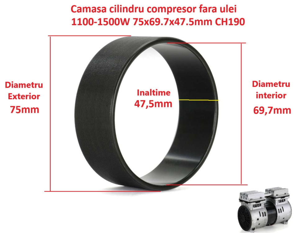 Camasa cilindru compresor fara ulei 1100-1500W 75x69.7x47.5mm CH190 — imaginea 2