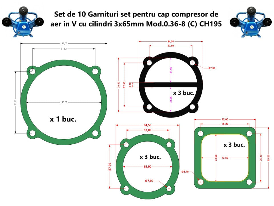 Set de 10 Garnituri set pentru cap compresor de aer V 3x65mm Mod.0.36-8 (C) CH195 — imaginea 6