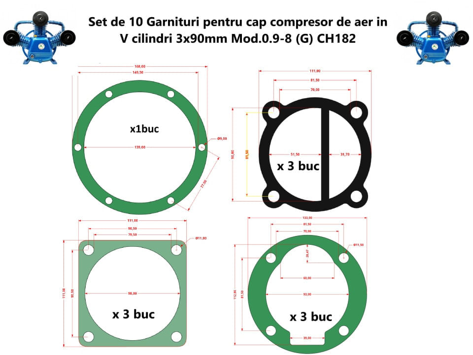 Set de 10 Garnituri pentru cap compresor de aer in V cilindri 3x90mm Mod.0.9-8 (G) CH182 — imaginea 6