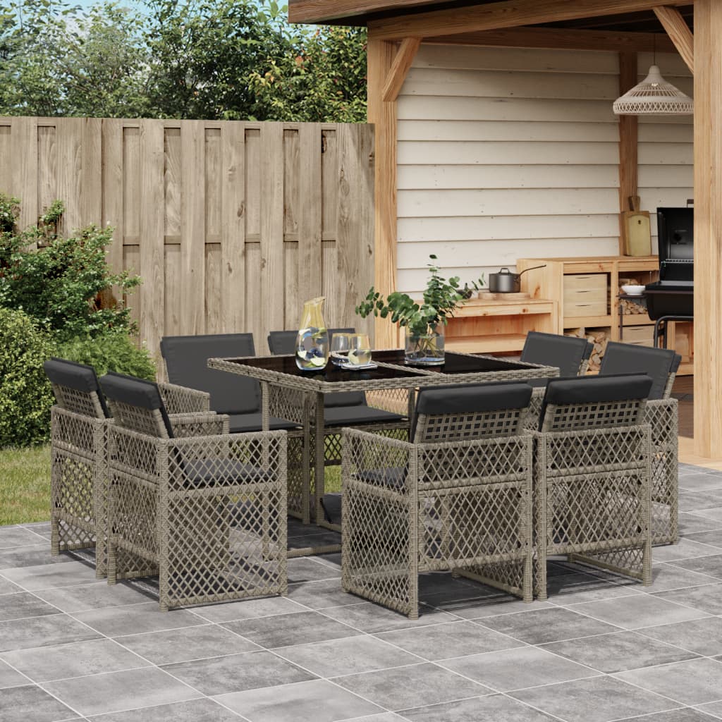 Set mobilier gradina cu perne, 9 piese, gri, poliratan — imaginea 2