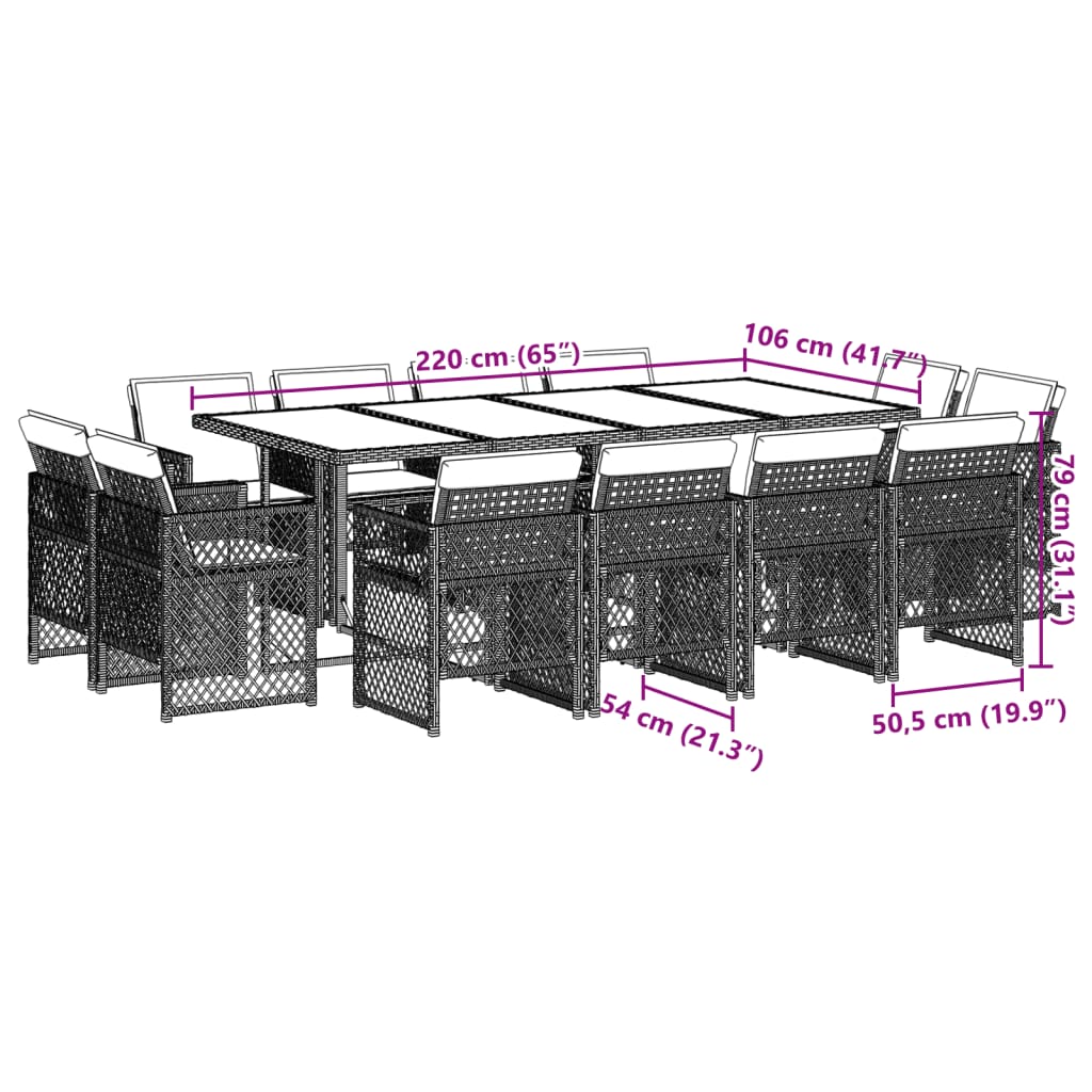 Set mobilier de gradina cu perne, 13 piese, negru, poliratan — imaginea 8