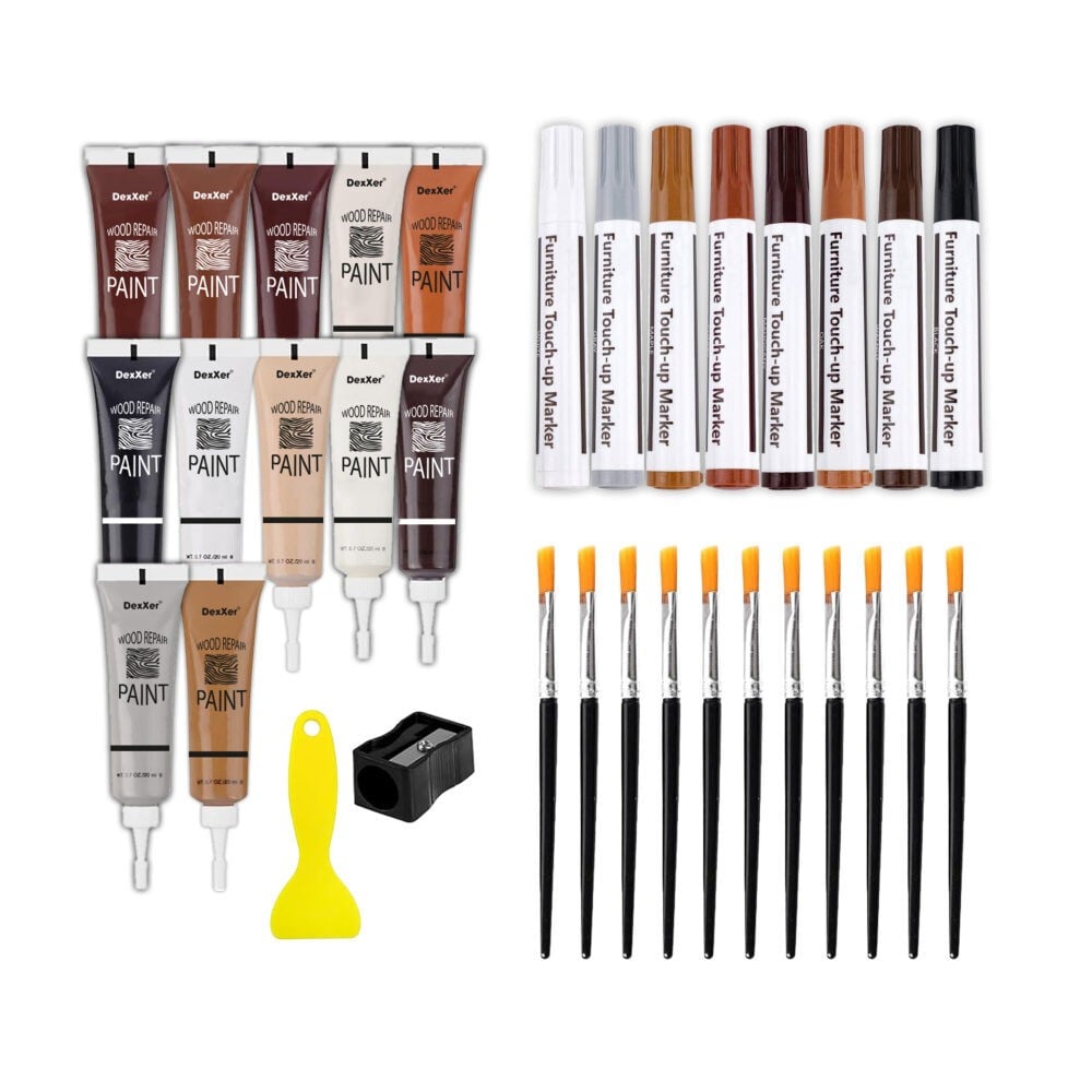 Kit reparatii suprafete din lemn NewEvo, 8 Markere cu Cerneala Uleioasa, 8 Creioane Cerate, 12 Tuburi Vopsea, 12 Pensule