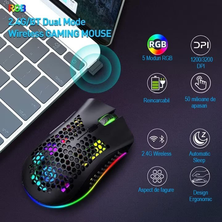 Mouse gaming, DexXer, Wireless, Iluminare RGB, USB, Wireless 2.4 G, FastCharge, Design ergonomic, Negru