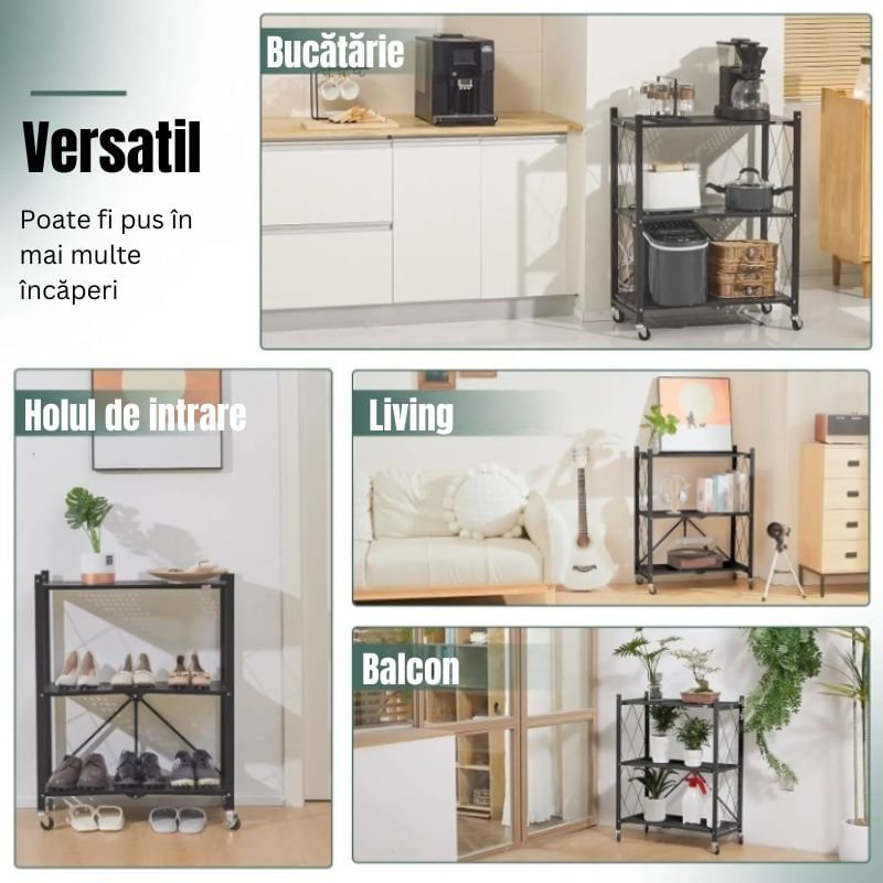 Raft pentru Bucatarie, Dormitor, Baie sau Living, Seezesol Solution™, Metalic, Roti, 3 Polite, Pliabil, 72X38X86cm — imaginea 4