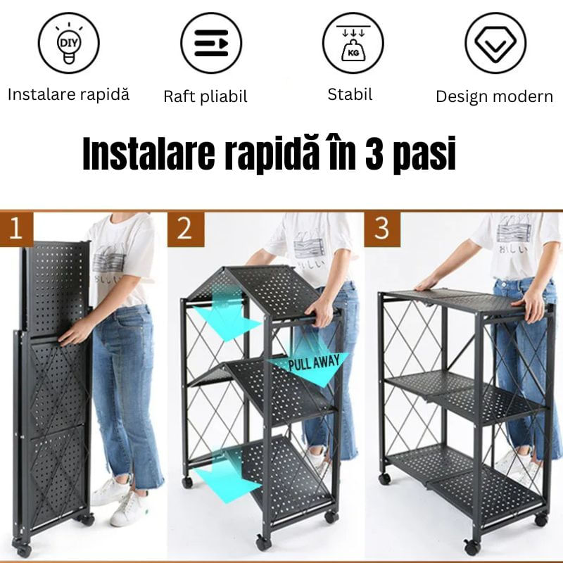 Raft pentru Bucatarie, Dormitor, Baie sau Living, Seezesol Solution™, Metalic, Roti, 3 Polite, Pliabil, 72X38X86cm — imaginea 5