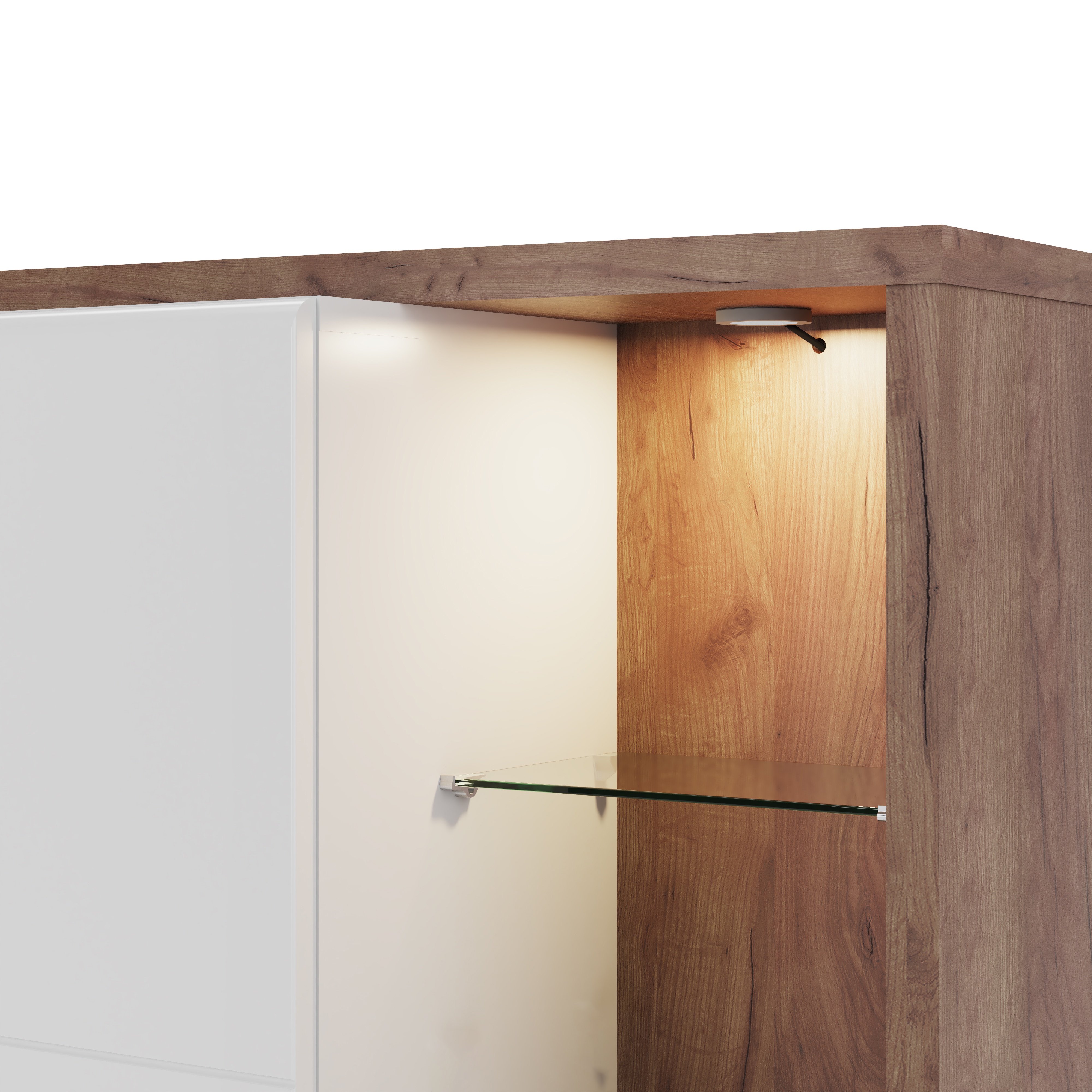 Comoda inalta cu 2 usi, LED, alb lucios/stejar salbatic Dune — imaginea 2