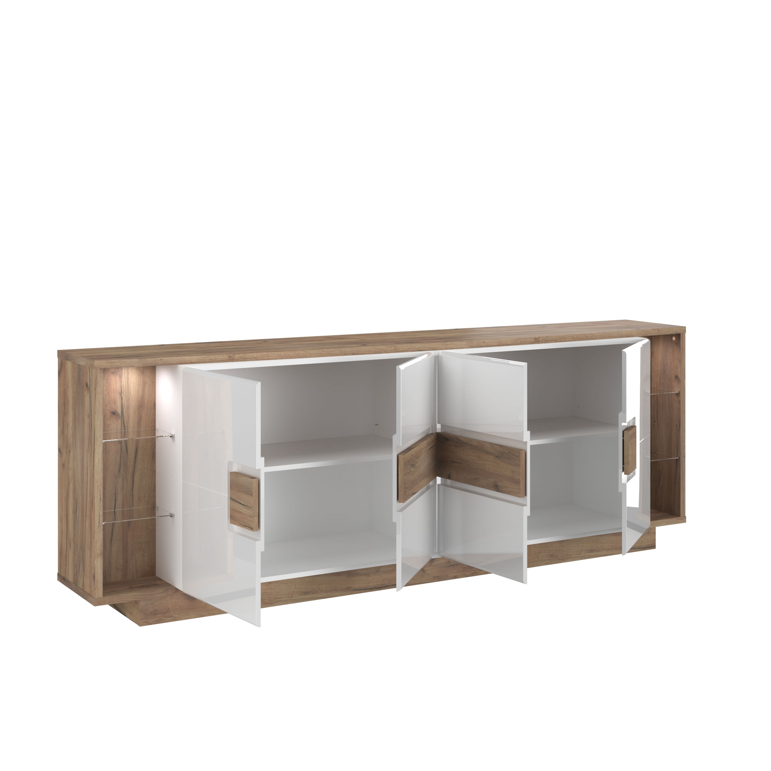 Comoda cu 4 usi, 2 nise, LED, alb lucios/stejar salbatic Dune — imaginea 2