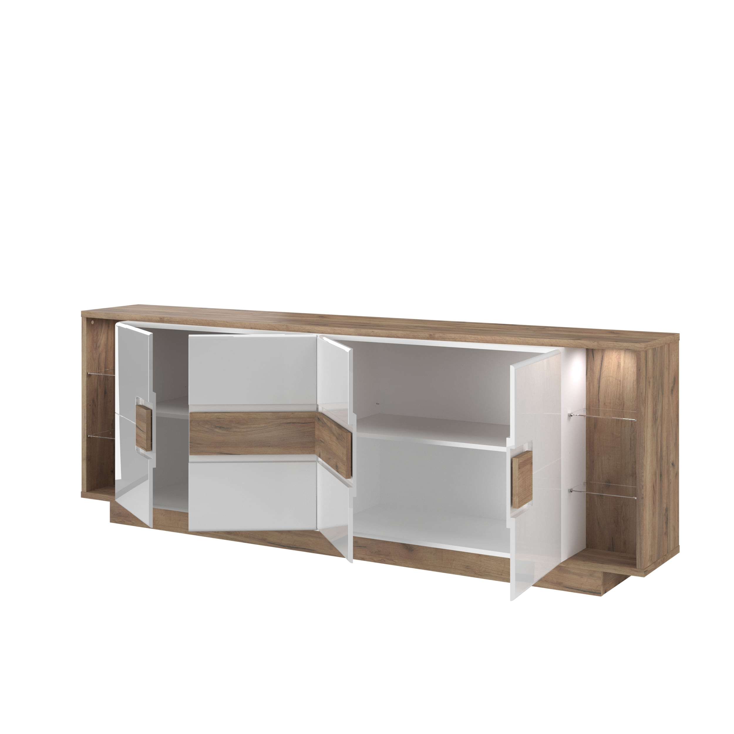Comoda cu 4 usi, 2 nise, LED, alb lucios/stejar salbatic Dune — imaginea 3