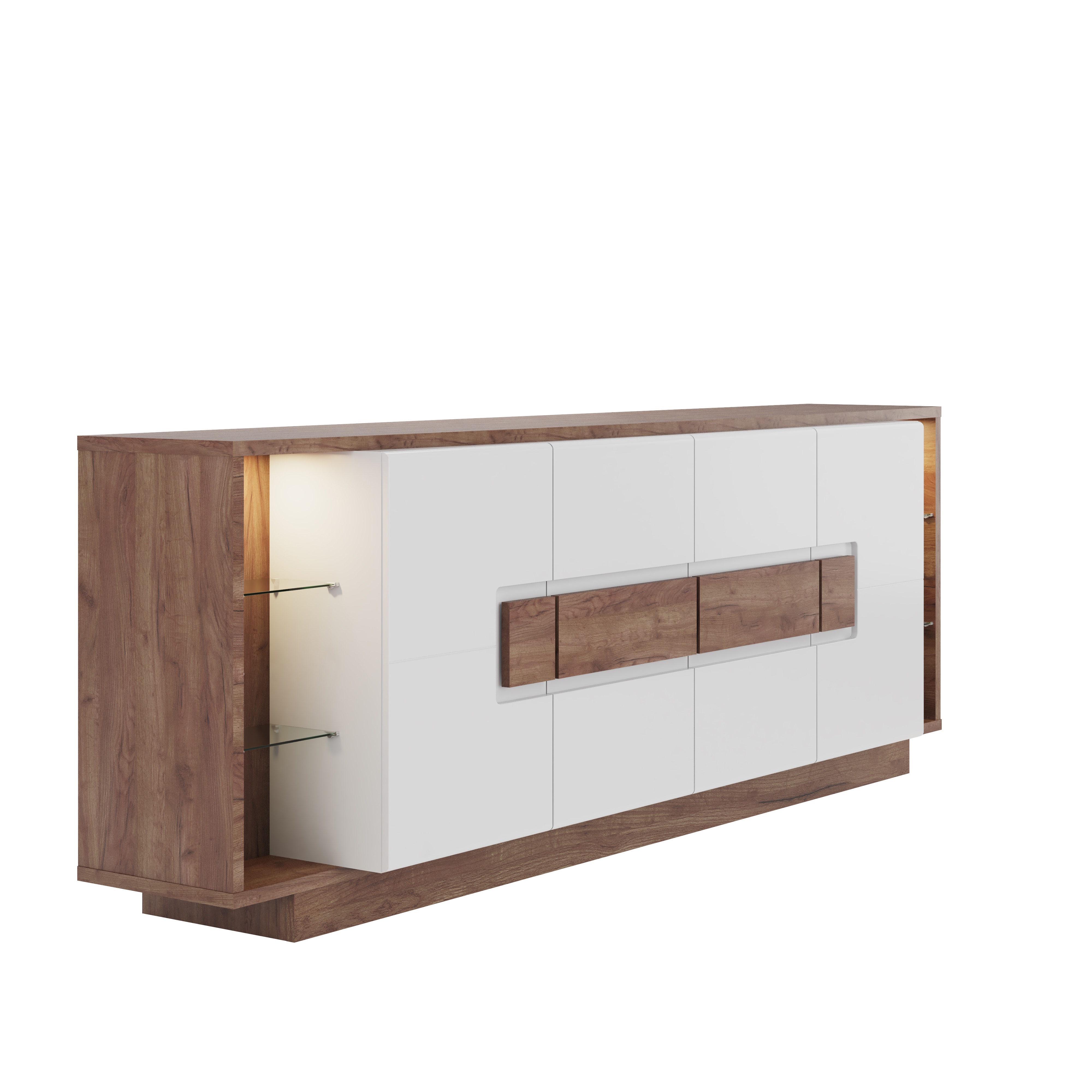 Comoda cu 4 usi, 2 nise, LED, alb lucios/stejar salbatic Dune — imaginea 5
