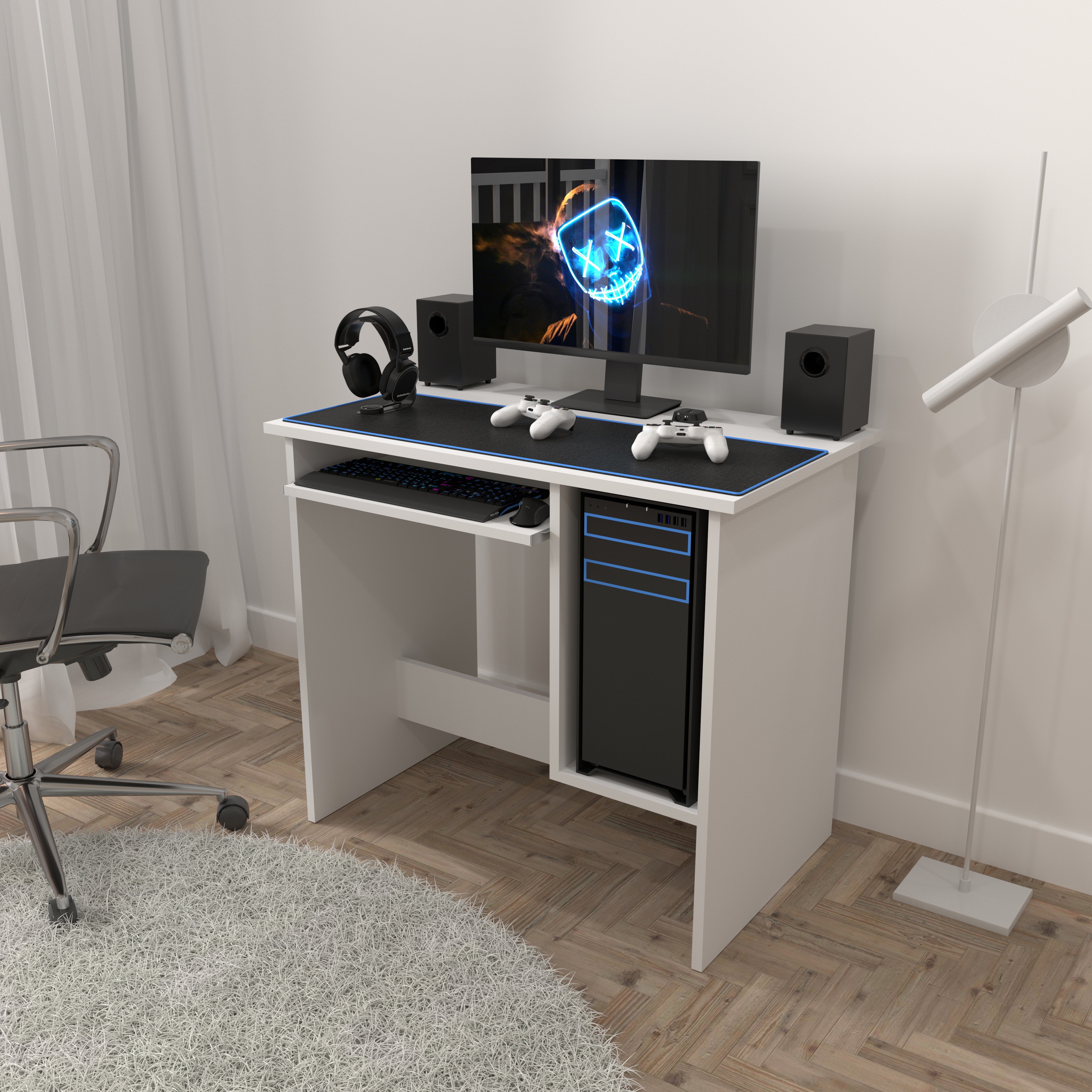 Birou Copii Atelier Dallas, dimensiuni 90 x55x75 cm. culoare alb, suport tastatura — imaginea 4