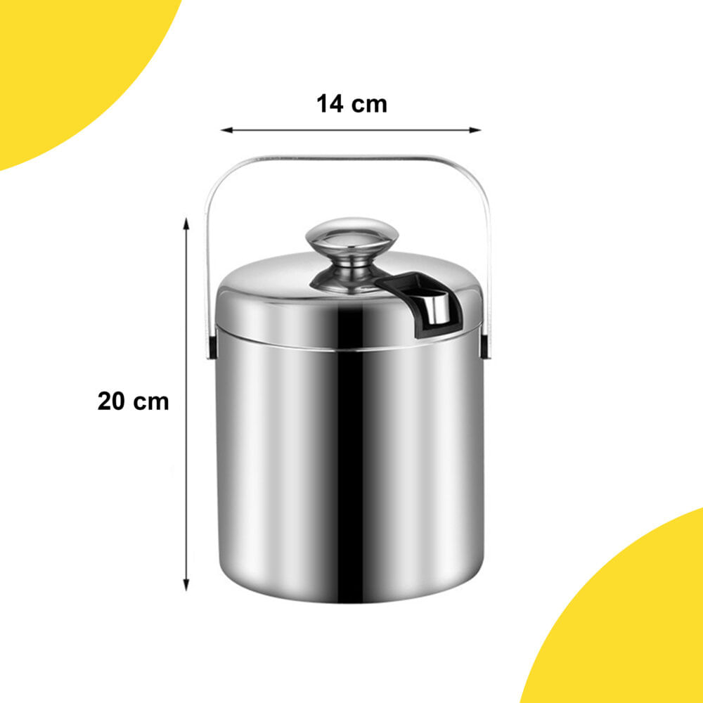 Set Frapiera pentru Gheata NewEvo cu Pereti Dubli, Sita, Capac, Maner si Cleste, INOX, 1.3L, 20x14.5cm, Argintiu