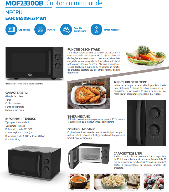 Cuptor cu microunde Beko MOF23300B, putere 900 W, 23 L, functie dezghetare, grill, 6 niveluri de putere - imagine 5