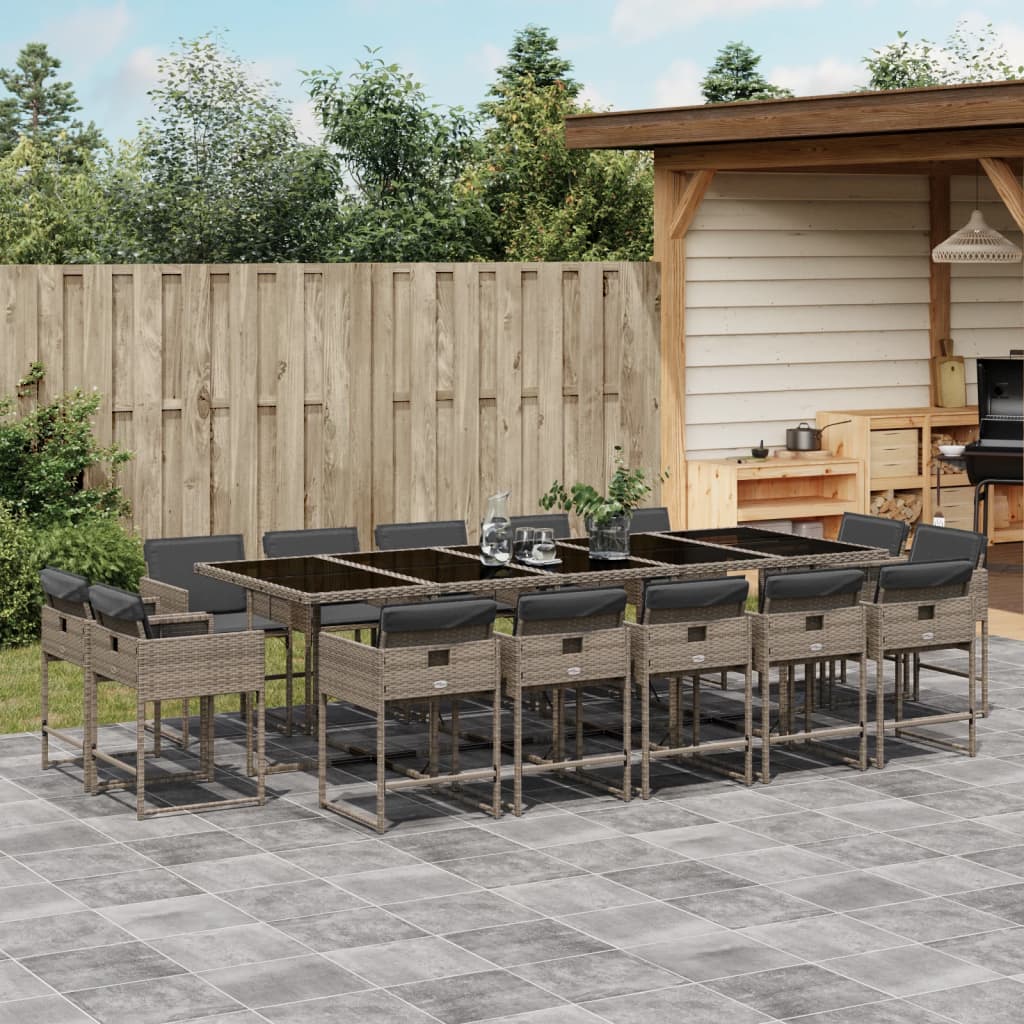 Set mobilier de gradina cu perne, 15 piese, gri, poliratan — imaginea 2