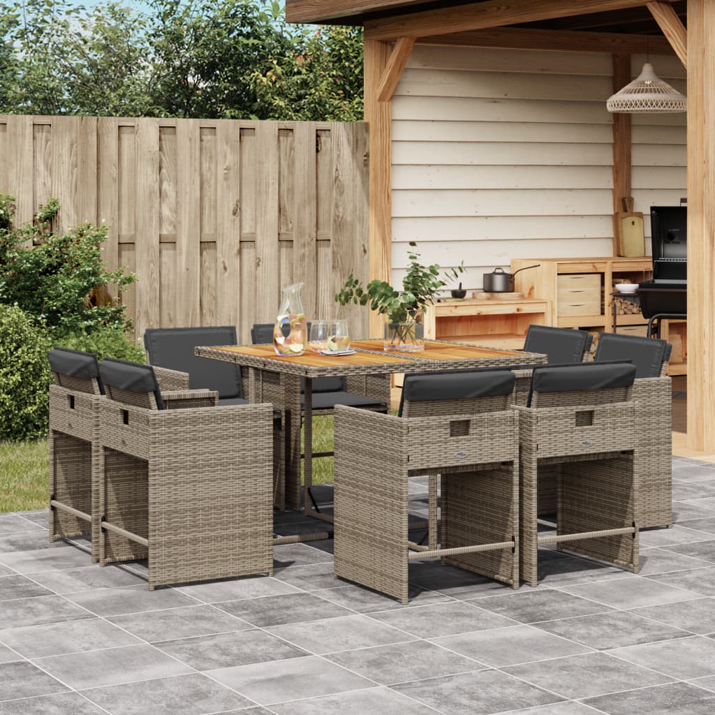 Set mobilier gradina cu perne, 9 piese, gri, poliratan — imaginea 2