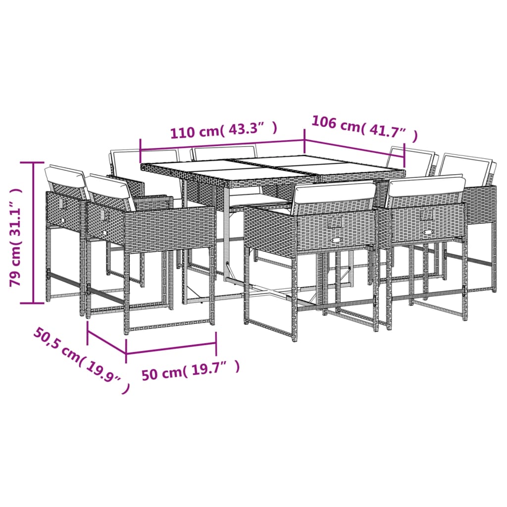 Set mobilier de gradina cu perne, 9 piese, negru, poliratan — imaginea 5