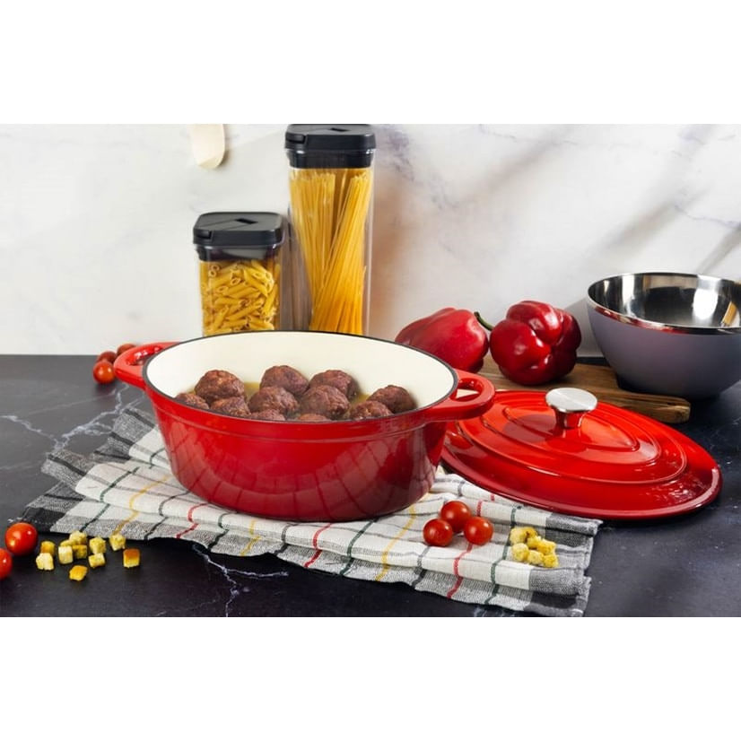 Oala cu capac din fonta emailata, SGTT, capacitate 4.4 l, cu manere prindere, culoare rosie, 30x23 cm — imaginea 5