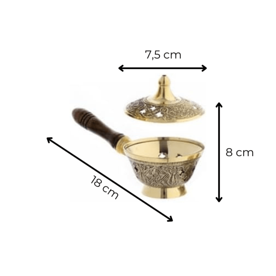 Catuie tamaie, arzator din alama cu maner de lemn si capac, 17 cm - imagine 2