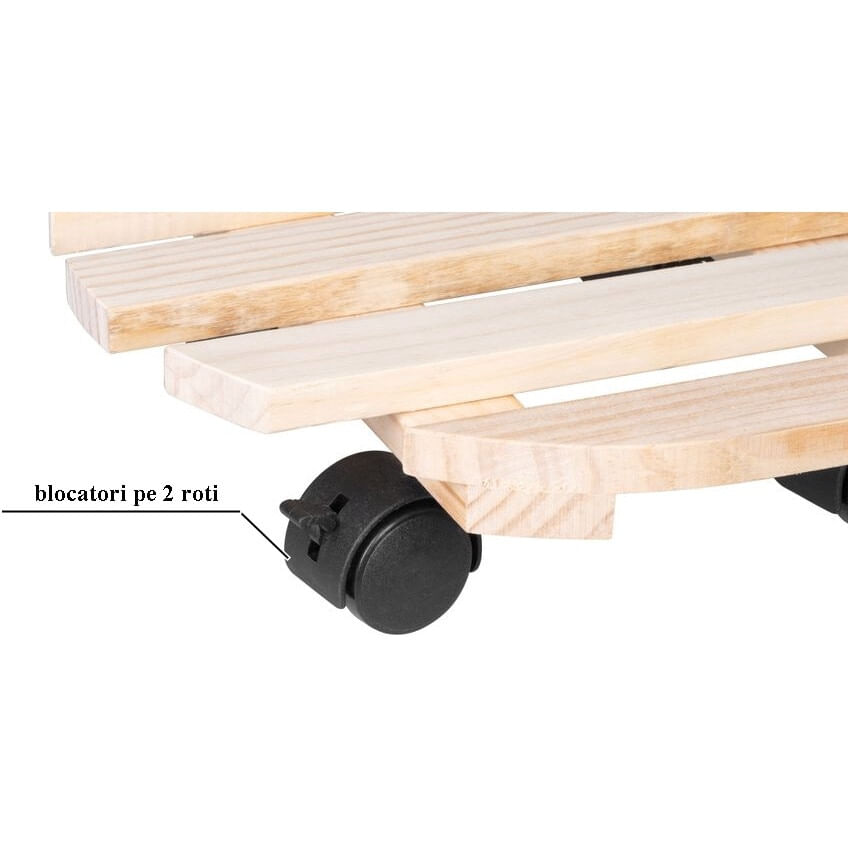 Suport din lemn mobil cu 4 roti pentru ghivece de flori, diametru 30 cm, max 50 kg — imaginea 3