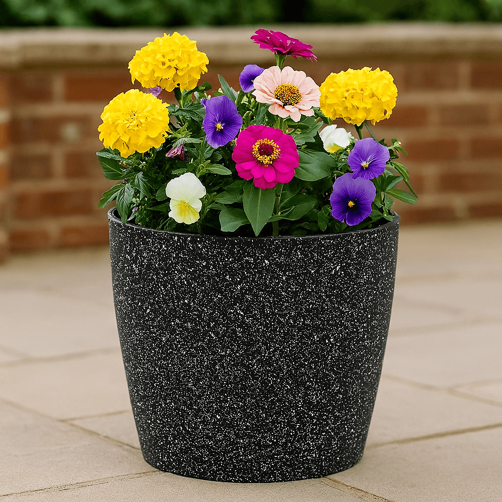 Ghiveci pentru flori din plastic rezistent, culoare neagra, Stone Effect, diametru 28 cm, inaltime 26 cm, cu scurgere — imaginea 2