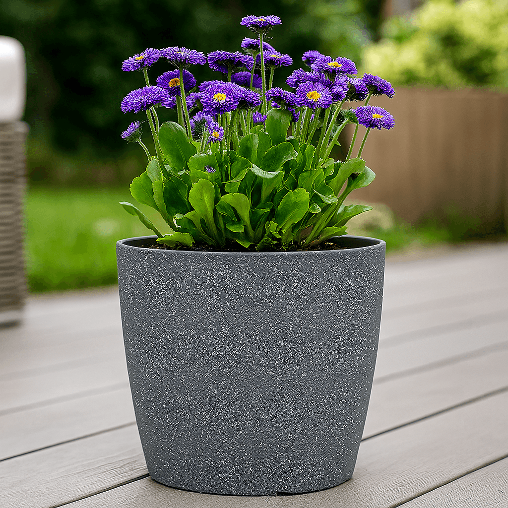 Ghiveci pentru flori din plastic rezistent, culoare gri, Stone Effect, diametru 28 cm, inaltime 26 cm, cu scurgere — imaginea 4