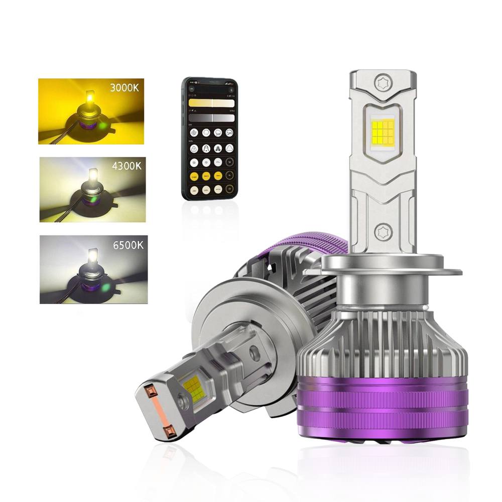 Set 2 Becuri Auto H7 LED CSP 160W 3000K 4300K 6500K Galben-Alb Reglabil Din Aplicatie, 16000LM Canbus, Fara Eroare