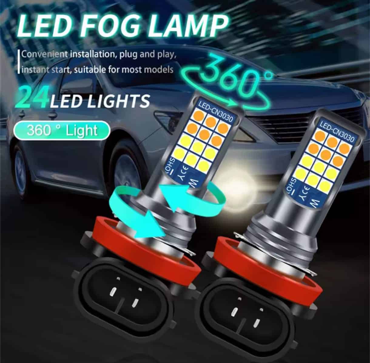 Set 2 Becuri Auto LED pentru Proiectoare Ceata H8/H11, 24SMD, 60W Lumina Alba si Galbena, 6000K/3000K ,12V