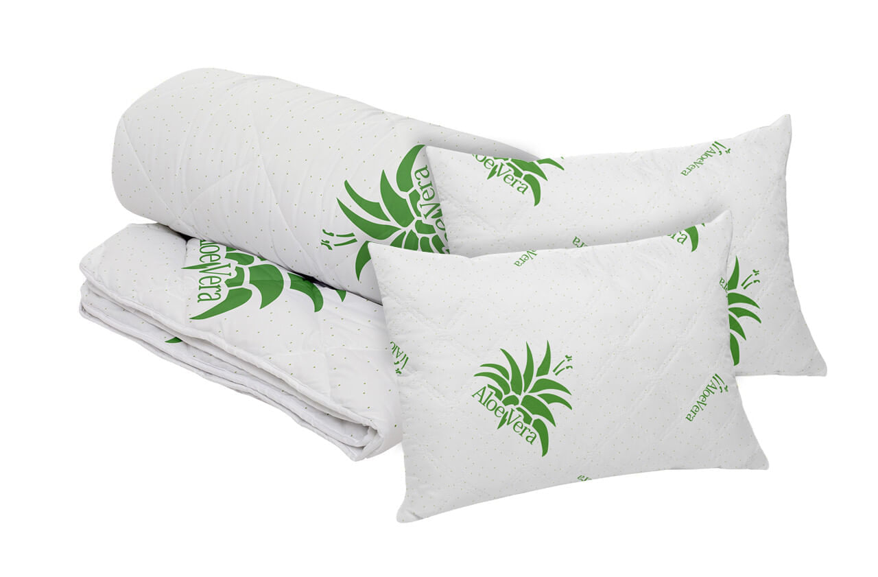 Set Aloe Vera Essence, 2 perne microfibra 50x70 cm si pilota matlasata 350g/mp, 200x220 cm
