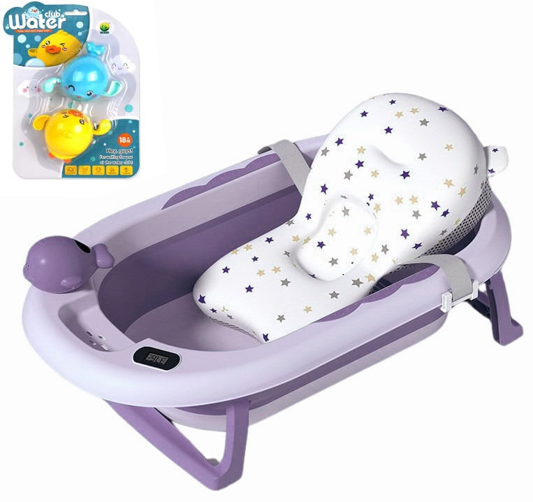Cadita Pliabila cu Perna de Baie Hipoalergenica pentru Bebelusi LittleDomi®. 0-18 Luni, Termometru Incorporat, Suport