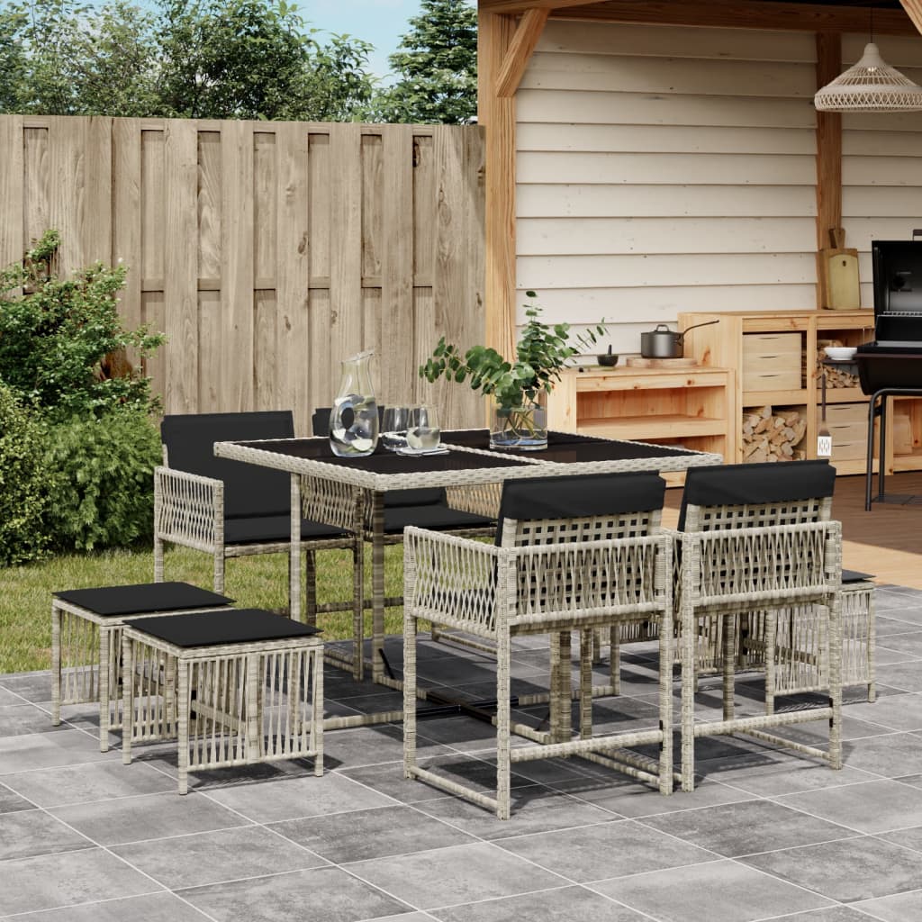 Set mobilier gradina cu perne, 9 piese, gri deschis, poliratan — imaginea 2