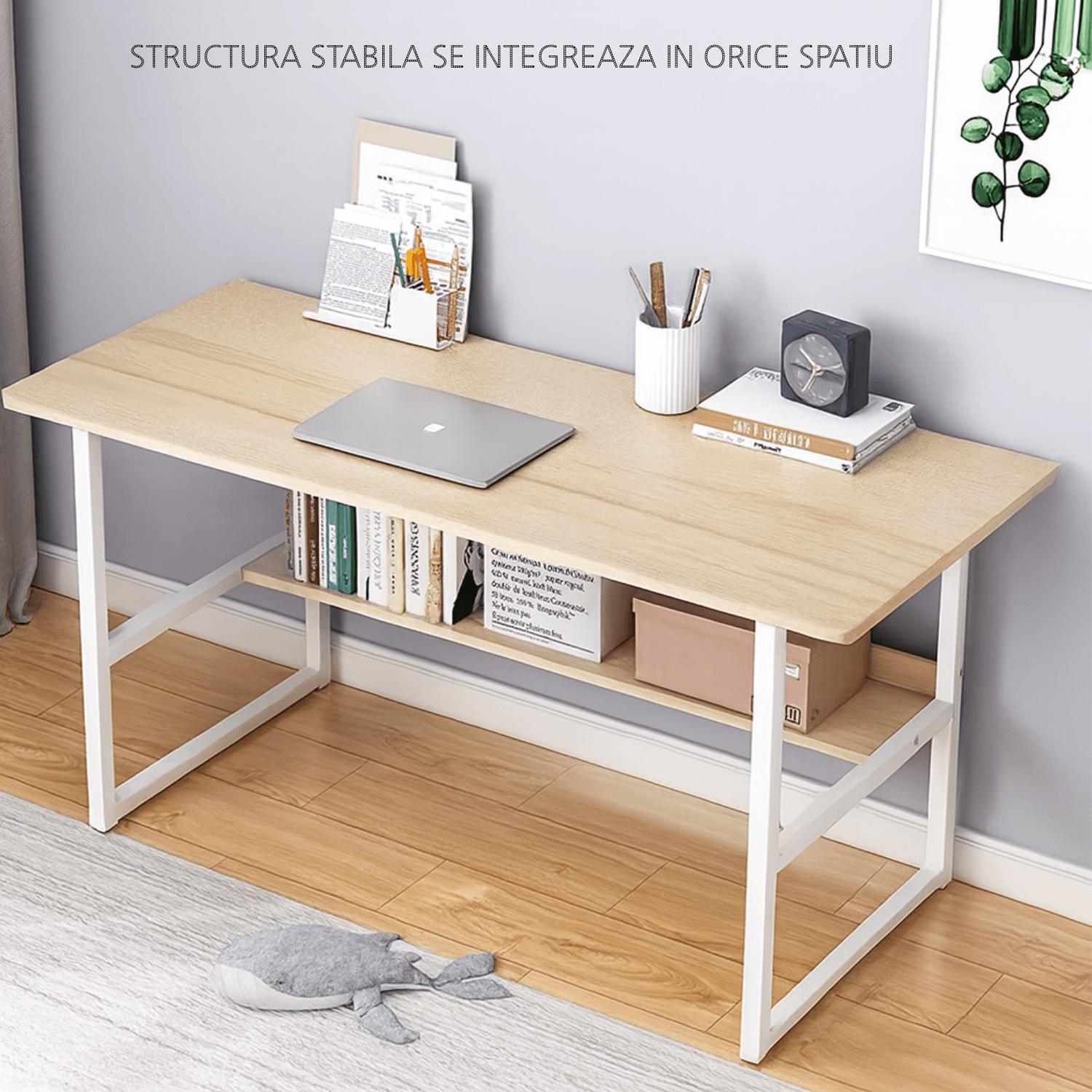 Birou pentru calculator cu raft HomeOFFICE, model scandinav,Maro,picioare metal,100x45x72 cm - imagine 2