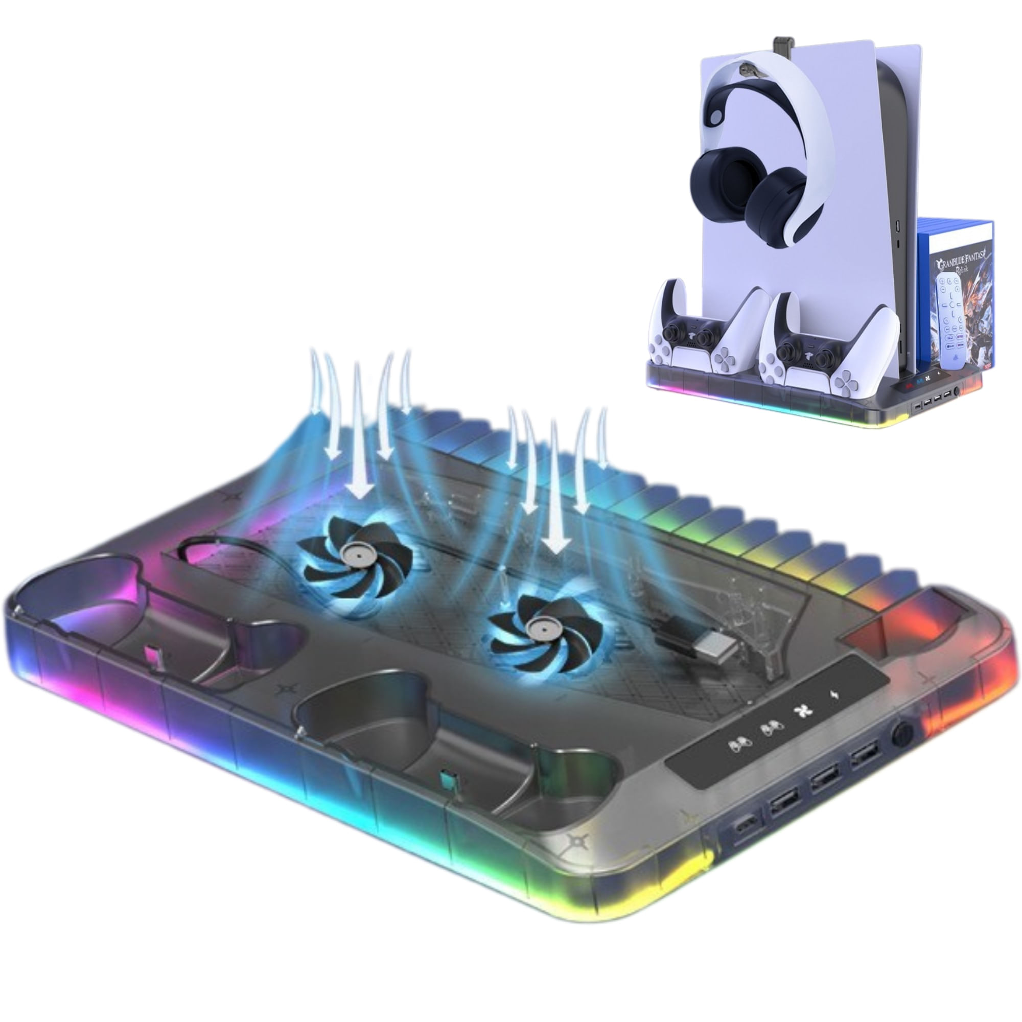 Stand PS5 si PS5 Slim cu incarcare duala controllere, iluminare RGB, suport casti, organizator DVD-uri, USB HUB, Clickzu - imagine 2