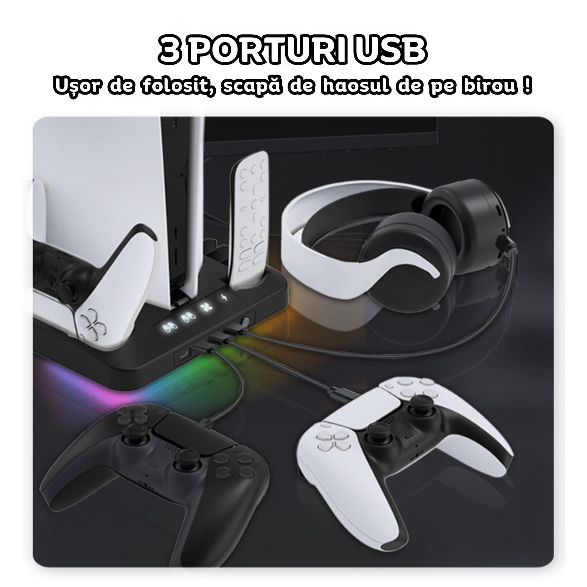 Stand PS5 si PS5 Slim cu incarcare duala controllere, iluminare RGB, suport casti, organizator DVD-uri, USB HUB, Clickzu - imagine 3