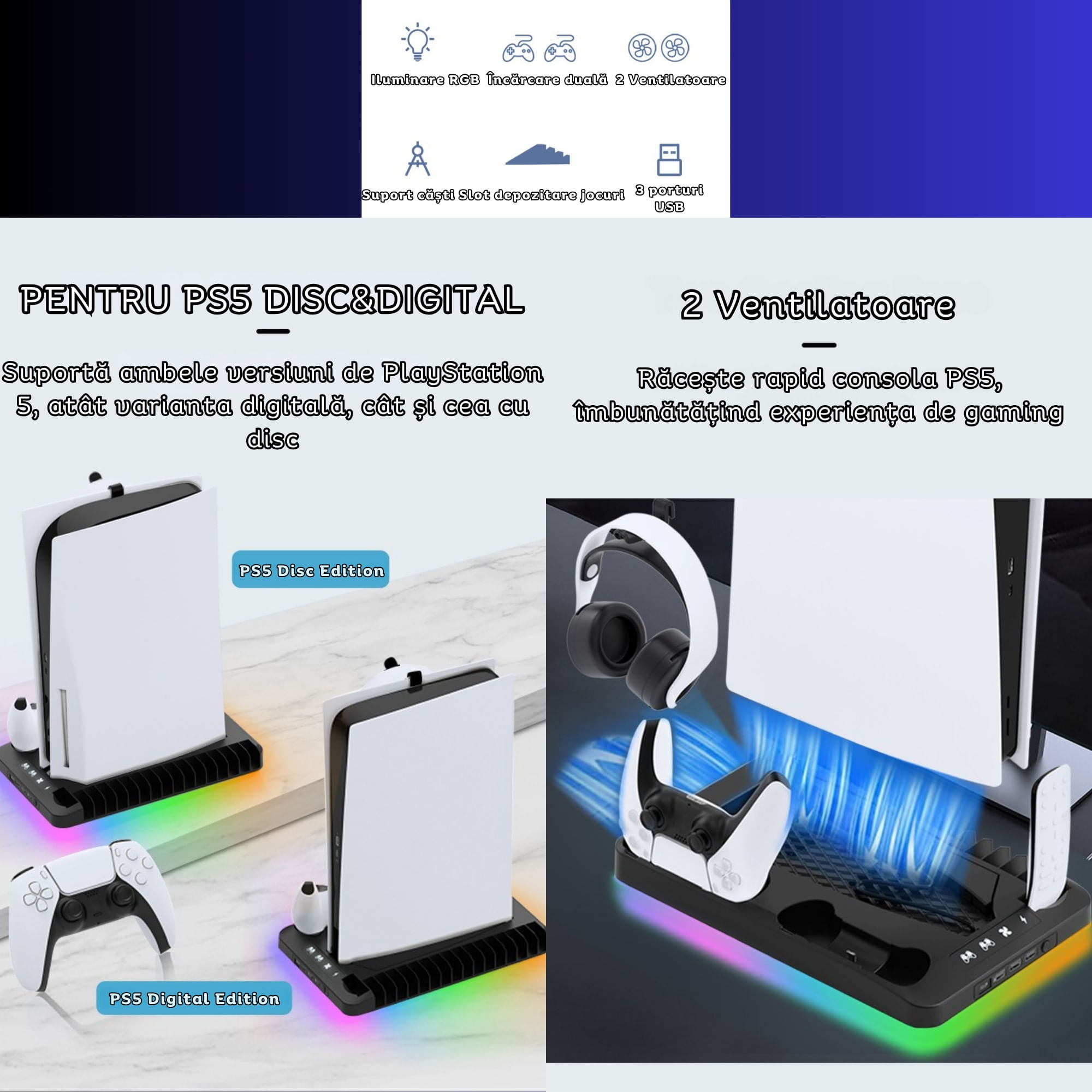 Stand PS5 si PS5 Slim cu incarcare duala controllere, iluminare RGB, suport casti, organizator DVD-uri, USB HUB, Clickzu - imagine 4