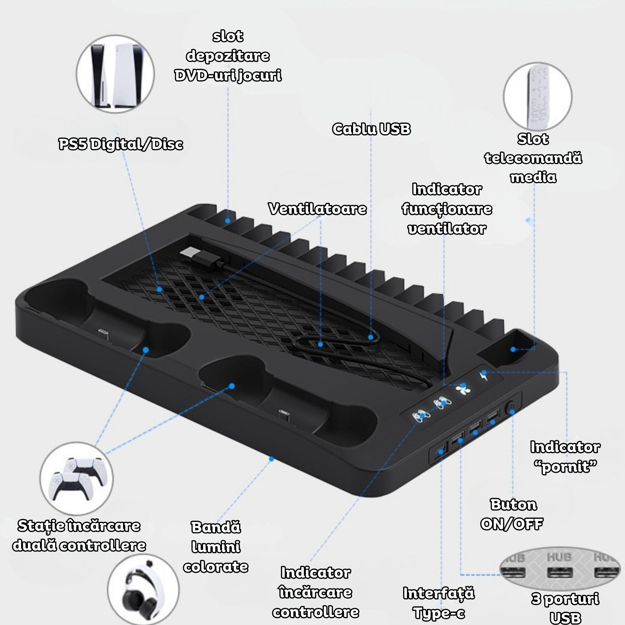 Stand PS5 si PS5 Slim cu incarcare duala controllere, iluminare RGB, suport casti, organizator DVD-uri, USB HUB, Clickzu - imagine 5