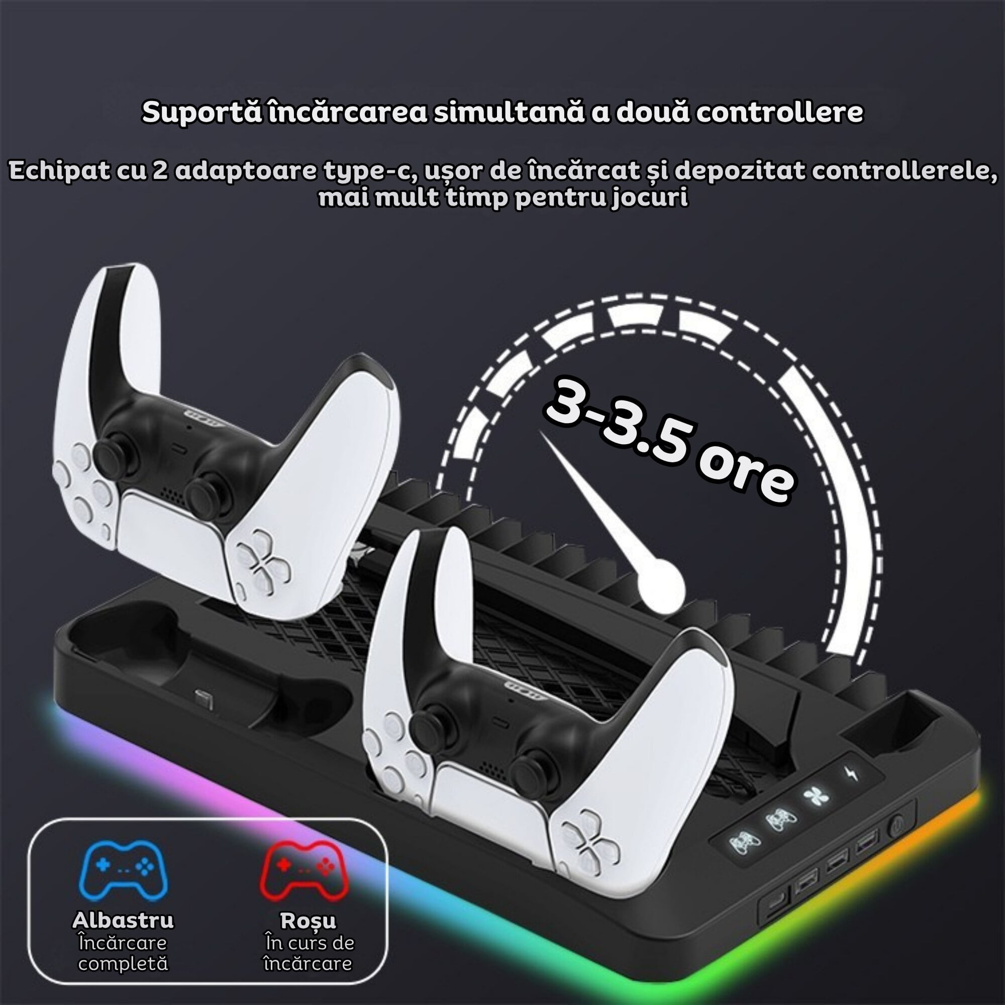 Stand PS5 si PS5 Slim cu incarcare duala controllere, iluminare RGB, suport casti, organizator DVD-uri, USB HUB, Clickzu - imagine 6