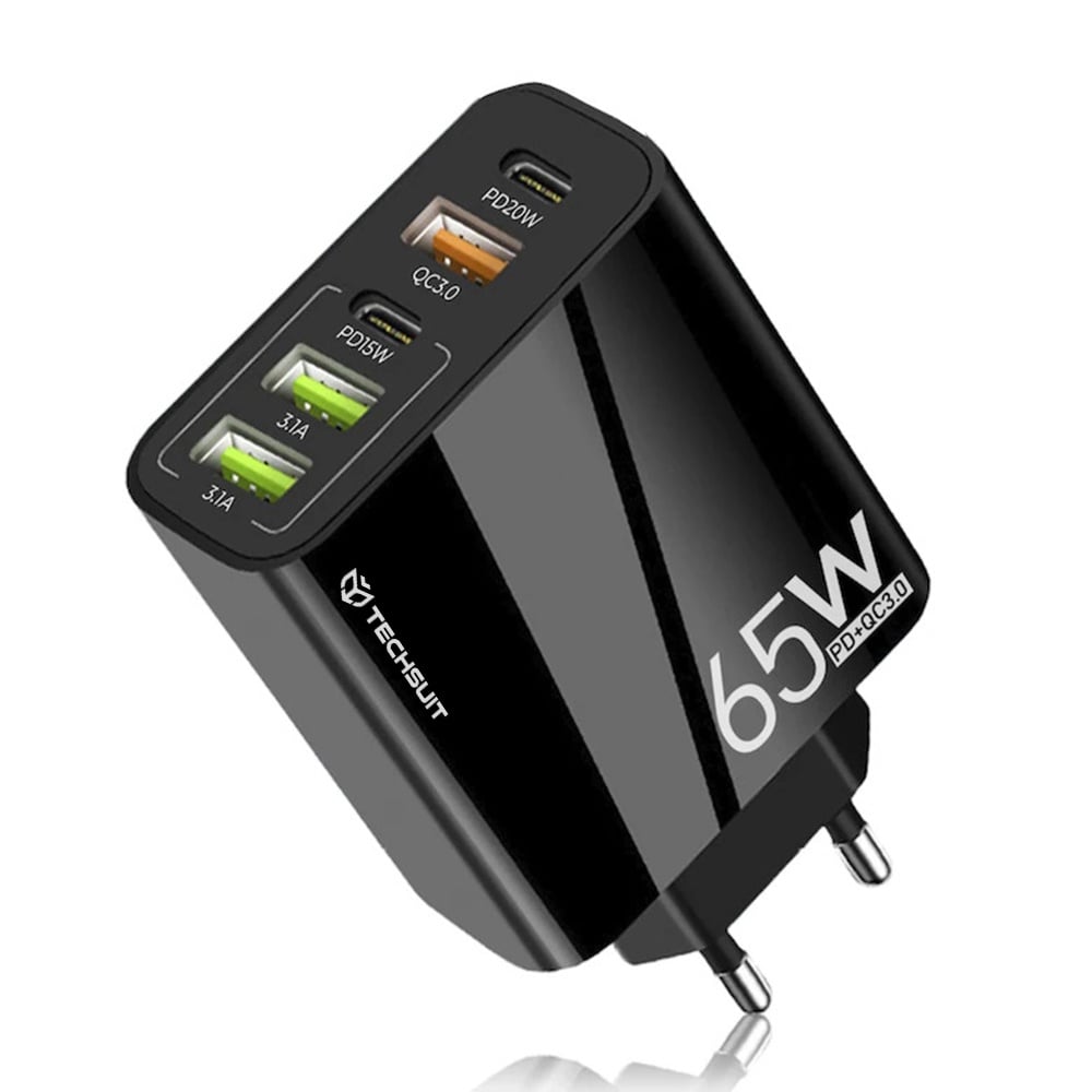 Incarcator Priza Multiport, USB, Type-C, 65W, Cablu USB-C - Techsuit PentaXPower (CHC2) - Black