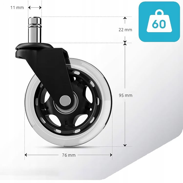 Set 5 roti de silicon, diametru 75mm, tija 11mm, pentru scaune de birou sau scaune de gaming, Negru