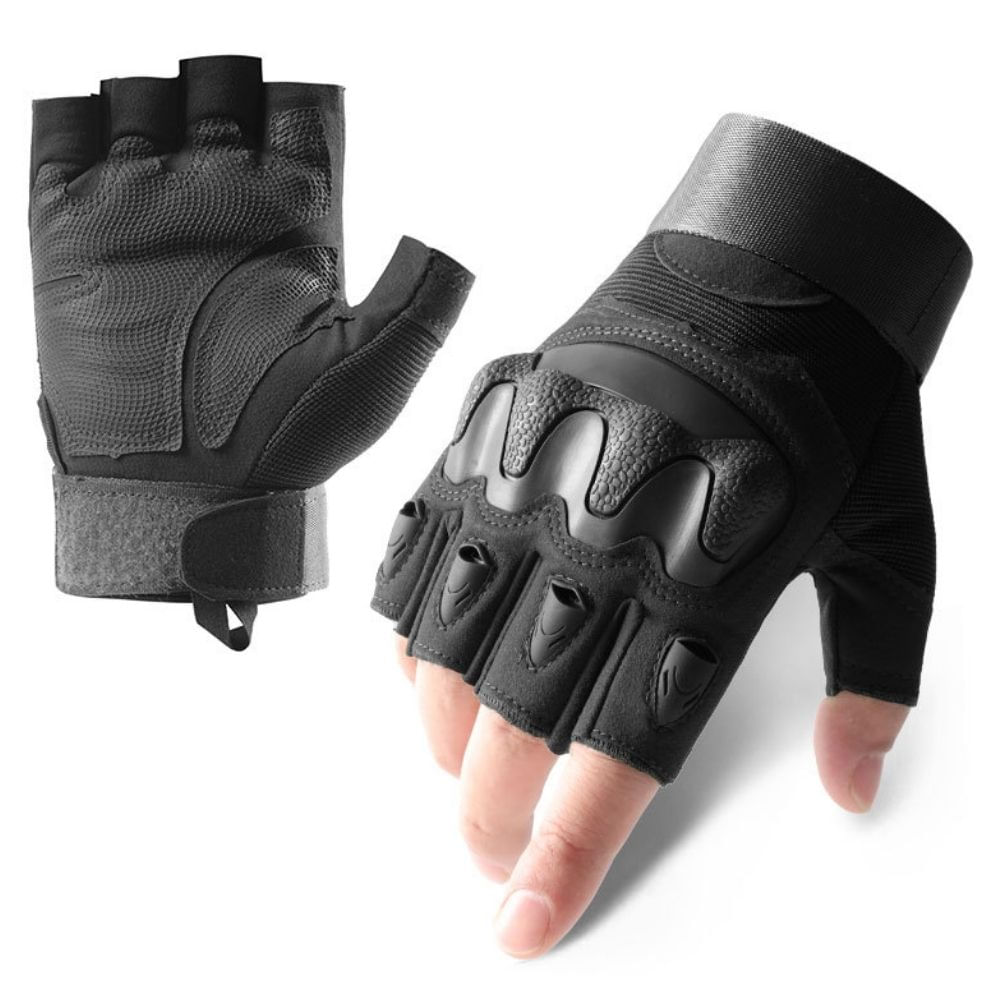 Manusi Tactice fara degete, Armatura de Protectie din Cauciuc, Respirabile, Ajustabile cu Velcro, Negru